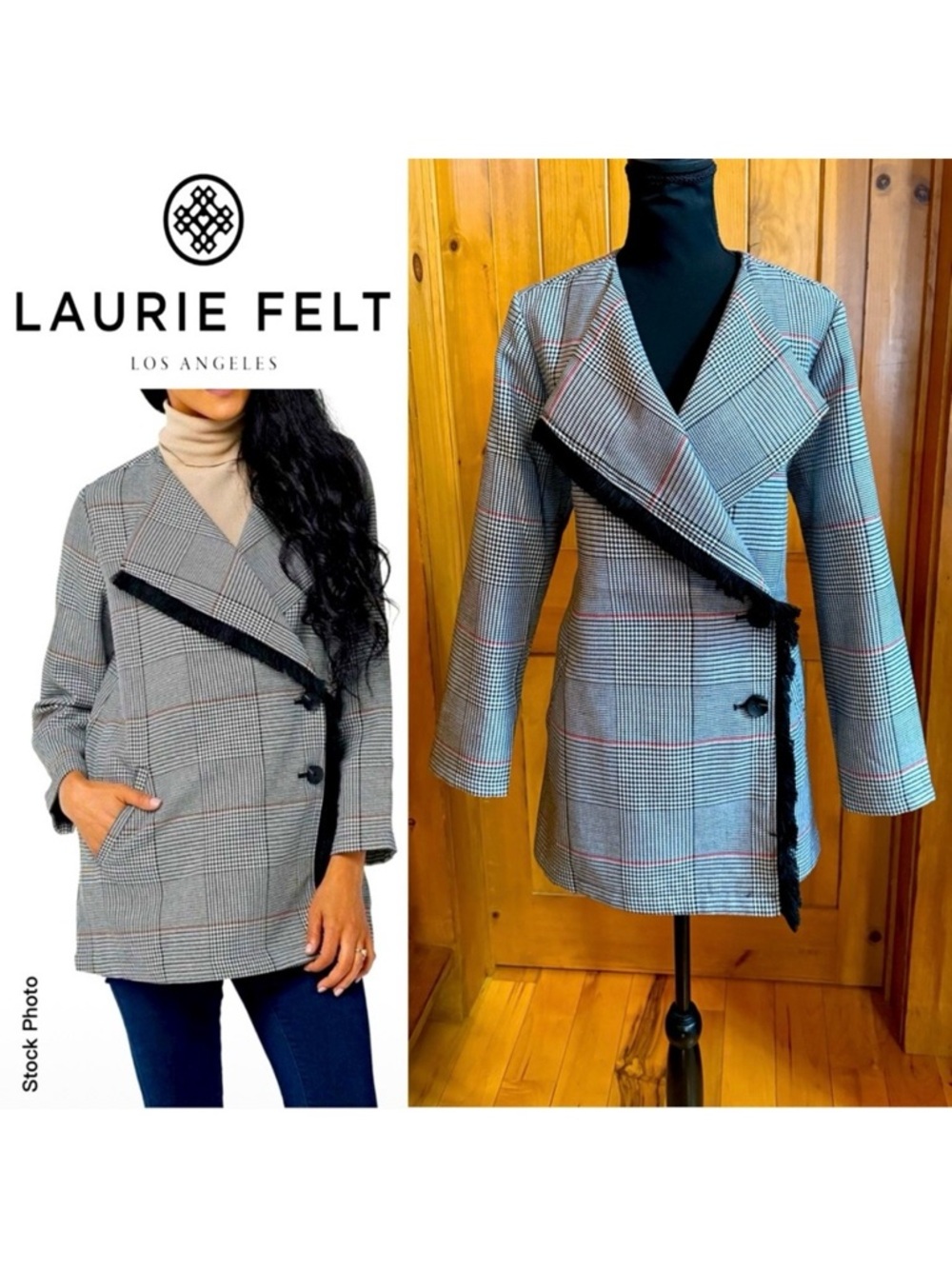 LAURIE FELT Zoe Glen Plaid Wrap Coat Black Red (S)